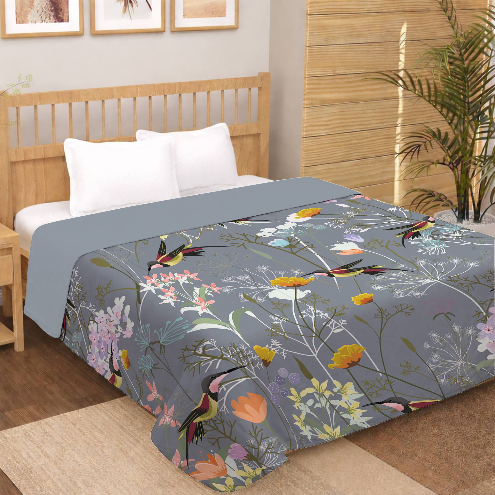 SLEEPWARM grey floral bird digital print dohar king size 92x84